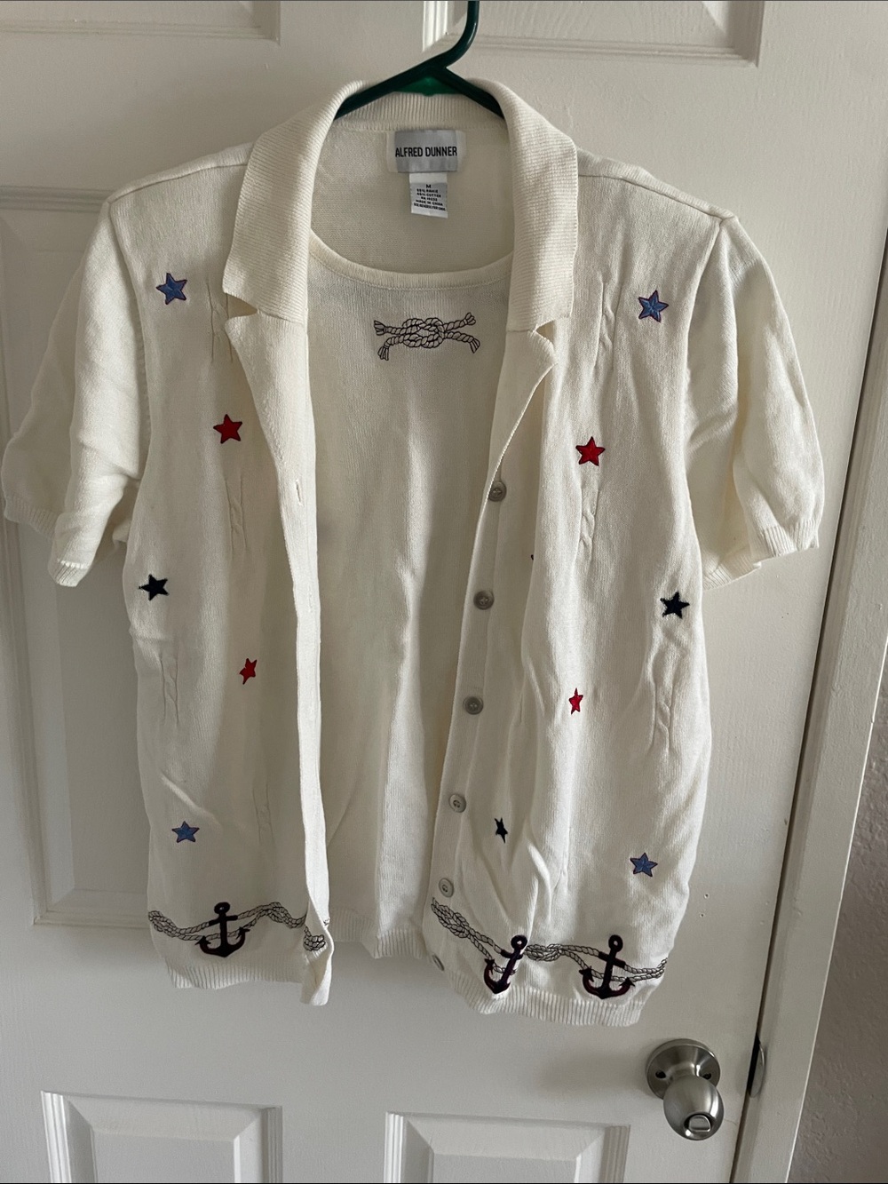 Alfred Dunner Cream Nautical Anchor Knit Cardigan with Embroidered Stars M